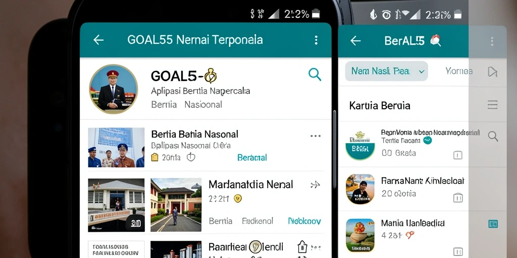Antarmuka aplikasi GOAL55 dengan berita nasional terbaru.